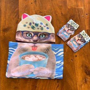 Kitty Cat beanie, neck warmer and mitten covers.